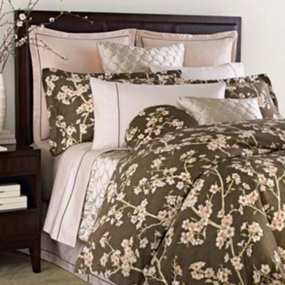 Barbara Barry In Bloom Queen Cotton Sateen Duvet 2 Shams brown cherry blossoms - Picture 1 of 4